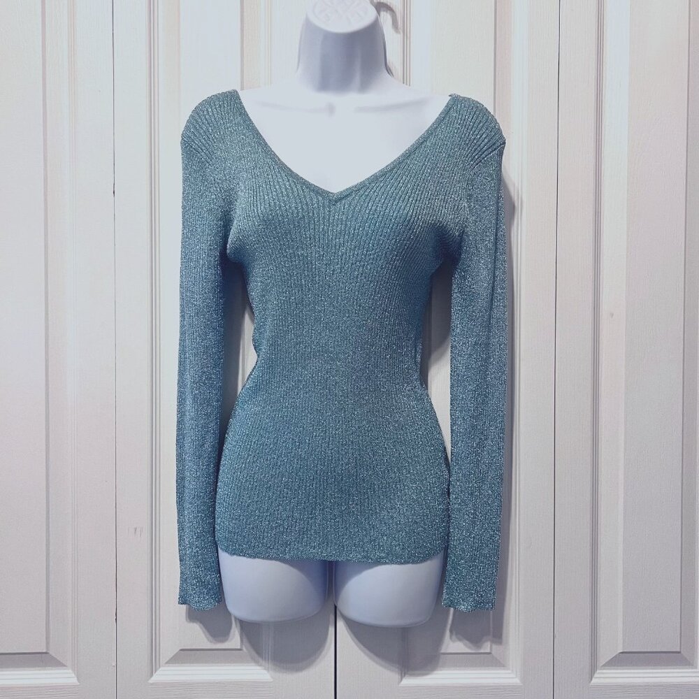 Ballinger Gold-Women's Light Blue Sparkle Thread-Small-Long Sleeve Low Cut V Nec